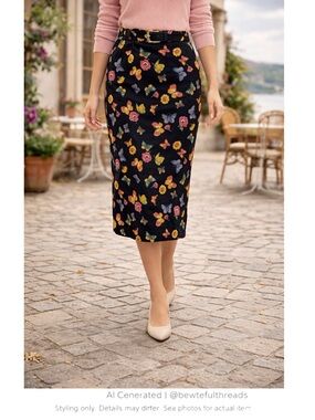 Butterfly Floral Midi Pencil Skirt Belted Cottagecore Parisian